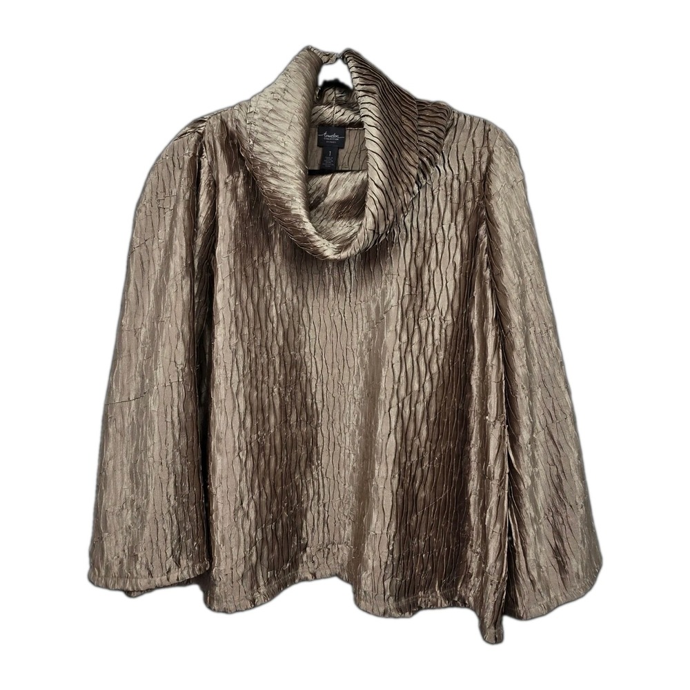 Chicos Travelers Crinkle Shine Cowl Neck Top Womens M Shimmer Gold Party Event